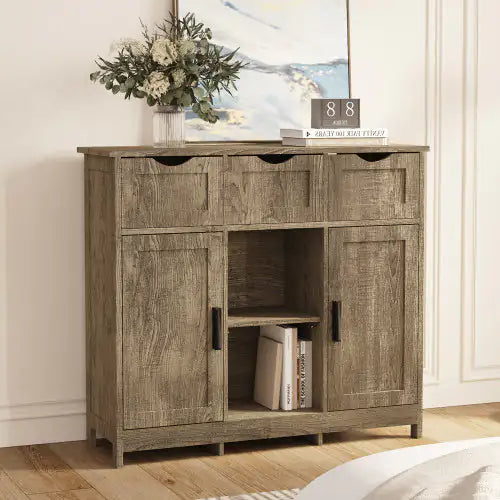 Wooden Storage Cabinet with Drawers & Shelves – Gray Accent Floor Cabinet