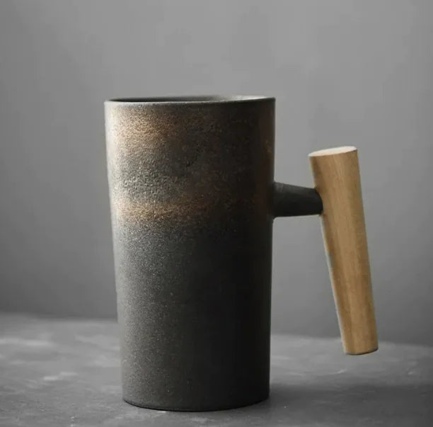 Vintage Minimalist Ceramic Mug with Wooden Handle