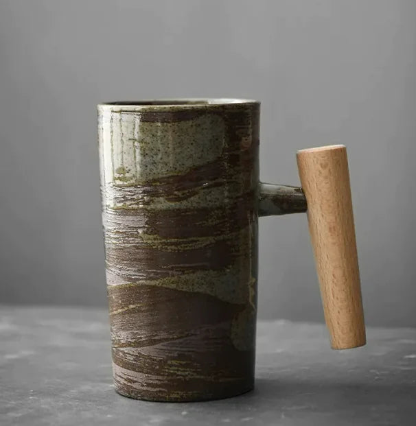 Vintage Minimalist Ceramic Mug with Wooden Handle