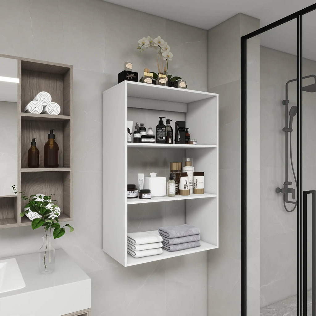 Modular closet shelving system with wood finish