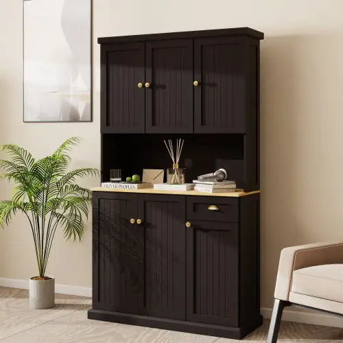 Black Kitchen Pantry Cabinet with Microwave Countertop