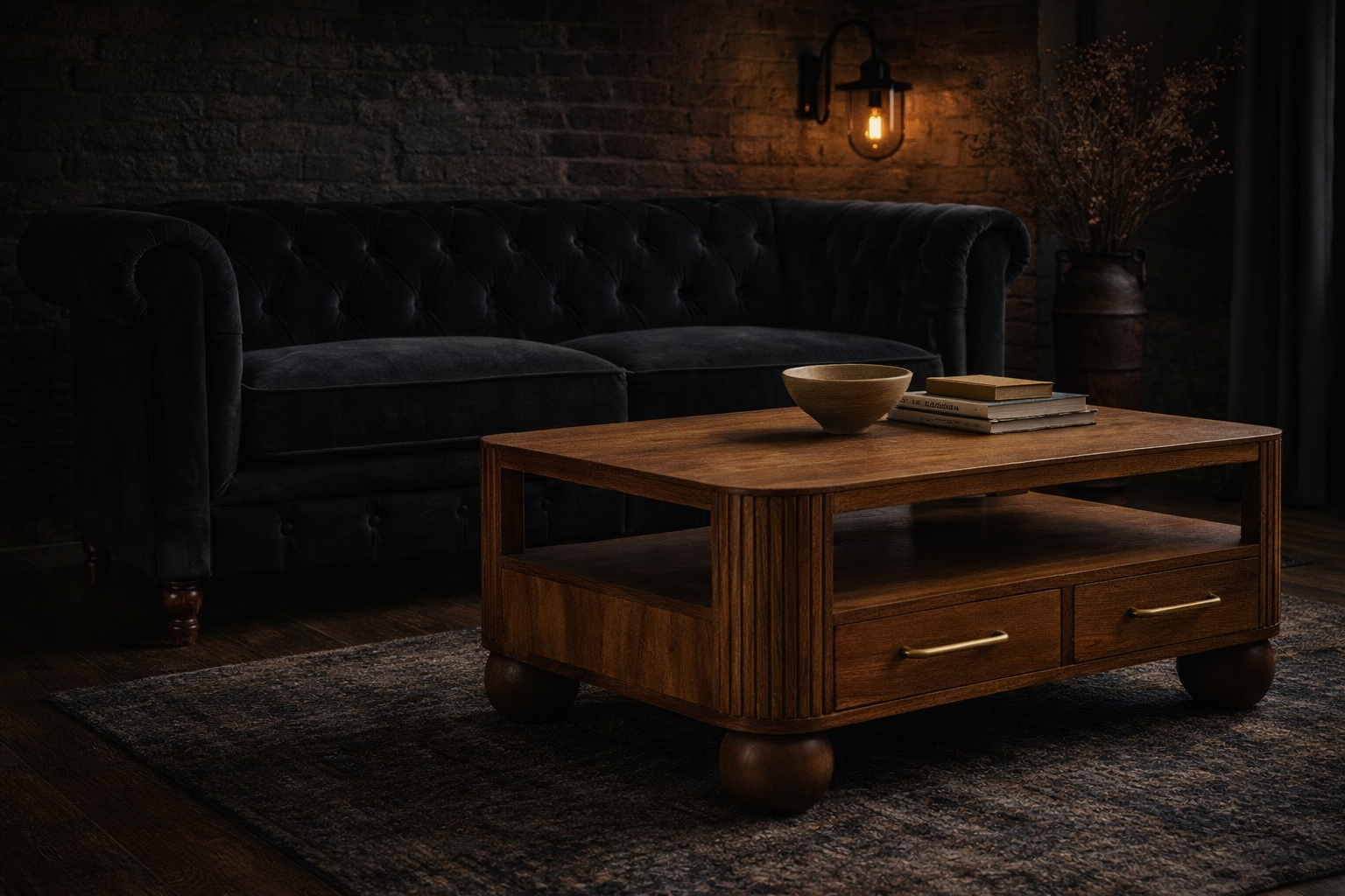 Wooden coffee table with a bowl and books in a dimly lit room with a dark sofa and brick wall.