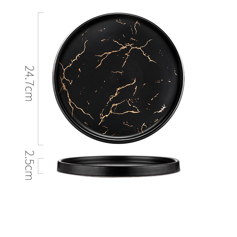 Black marble-patterned round tray with dimensions on a white background