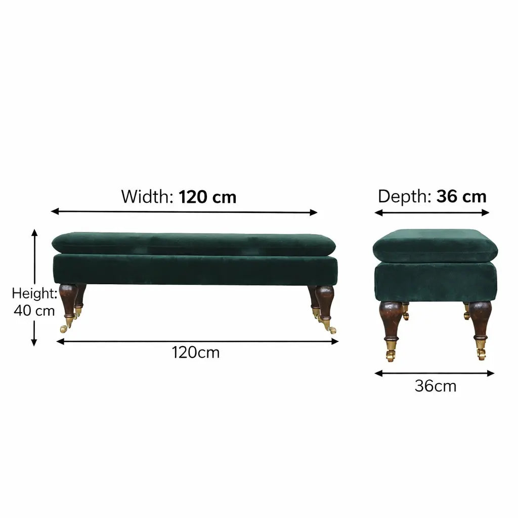 Emerald Velvet Castor Bench | Upholstered Cotton Velvet - Avivra