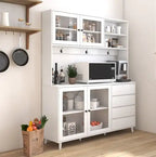 White kitchen cabinet with shelves and a microwave in a modern kitchen setting.