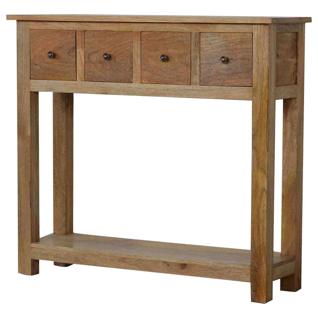 narrow wooden console table with drawers