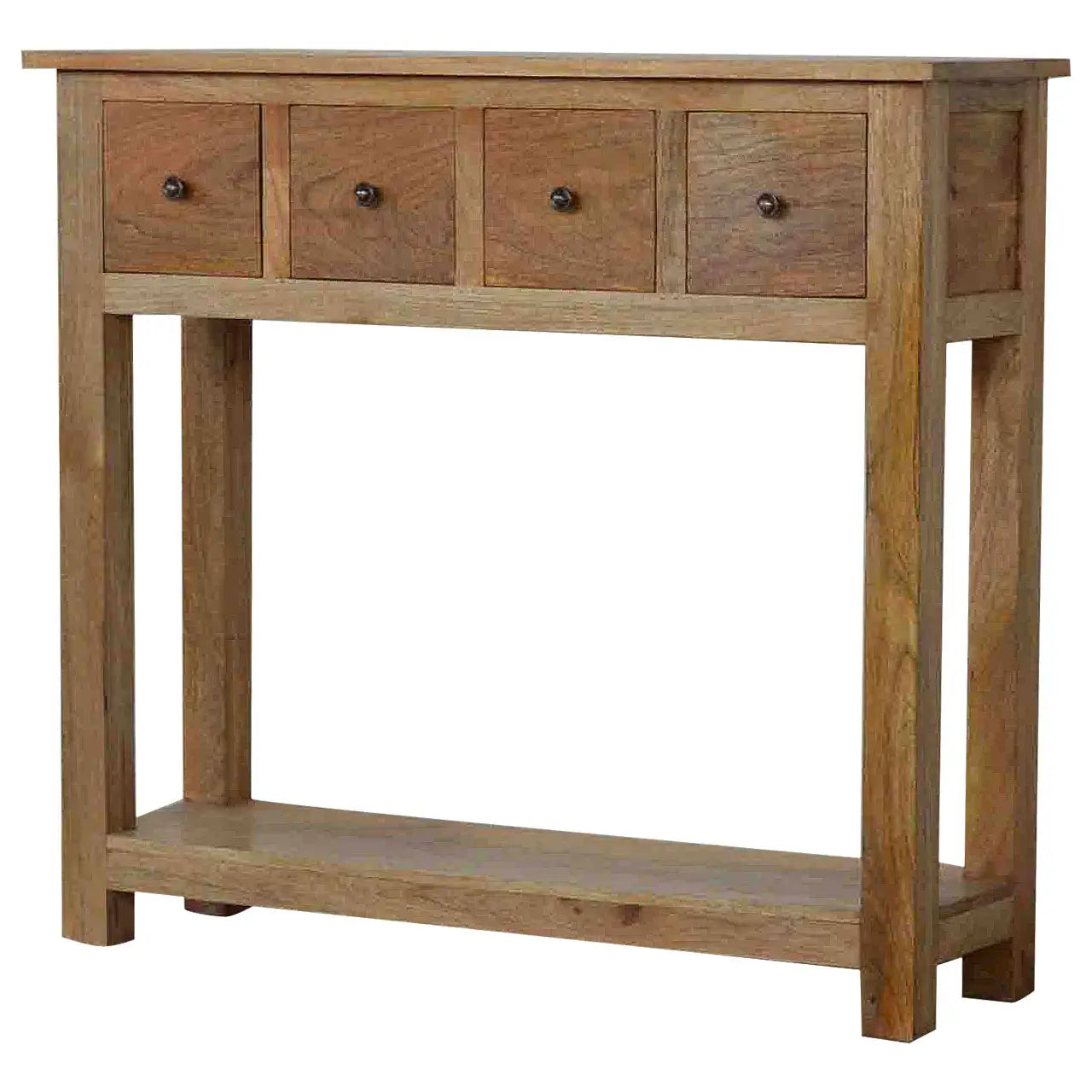 narrow wooden console table with drawers