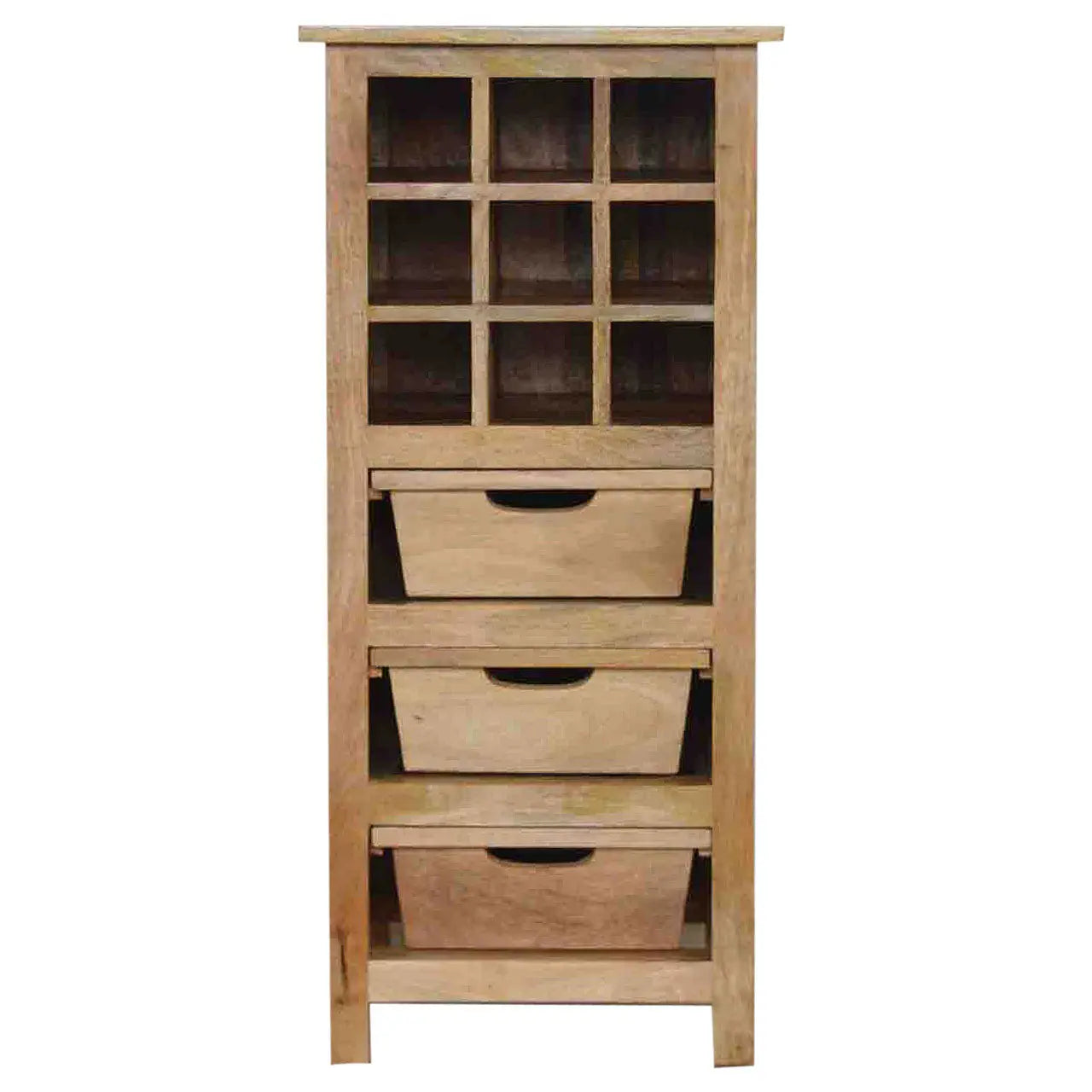 Oak-ish wine storage cabinet crafted from solid mango wood with 9 wine bottle slots