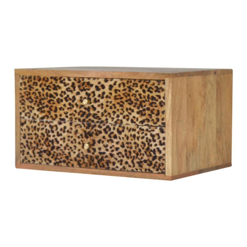 floating mango wood bedside table with animal print drawers