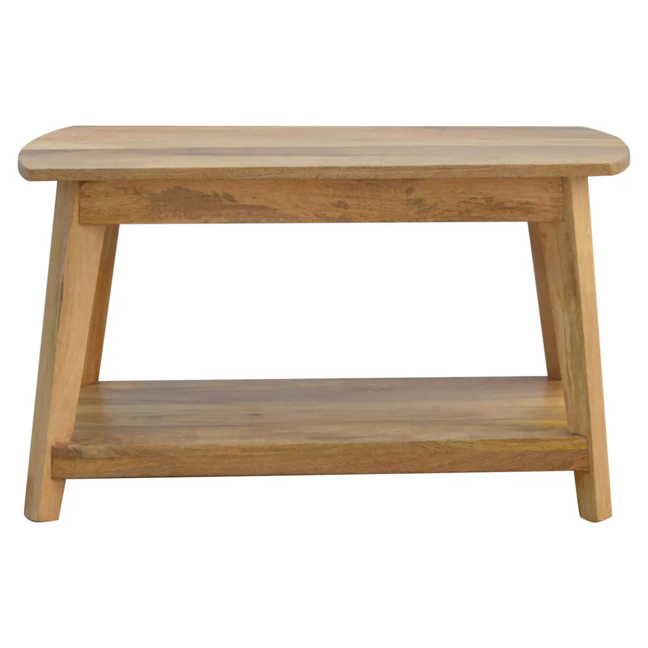 Wooden coffee table with a shelf on a white background