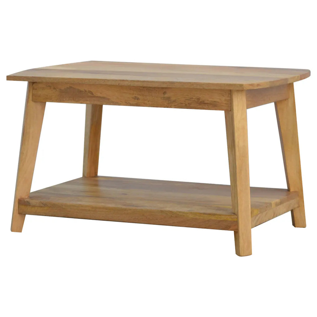 Wooden coffee table with a shelf on a white background