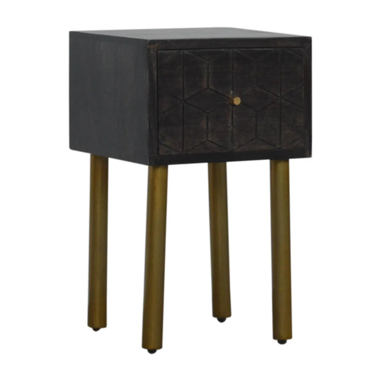 modern black bedside table with brass legs