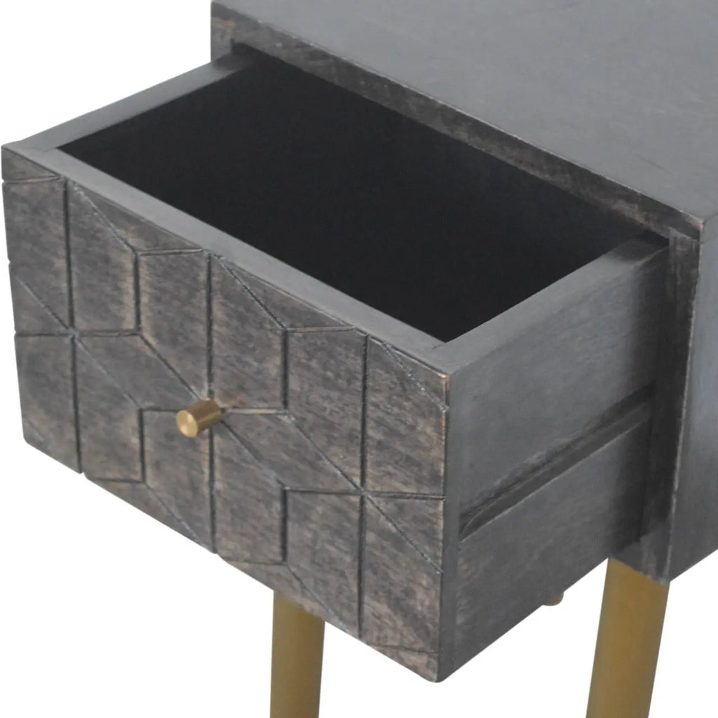 carved mango wood nightstand with brass knob