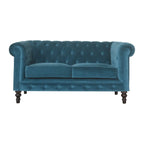 Teal velvet Chesterfield sofa crafted from solid mango wood with walnut legs