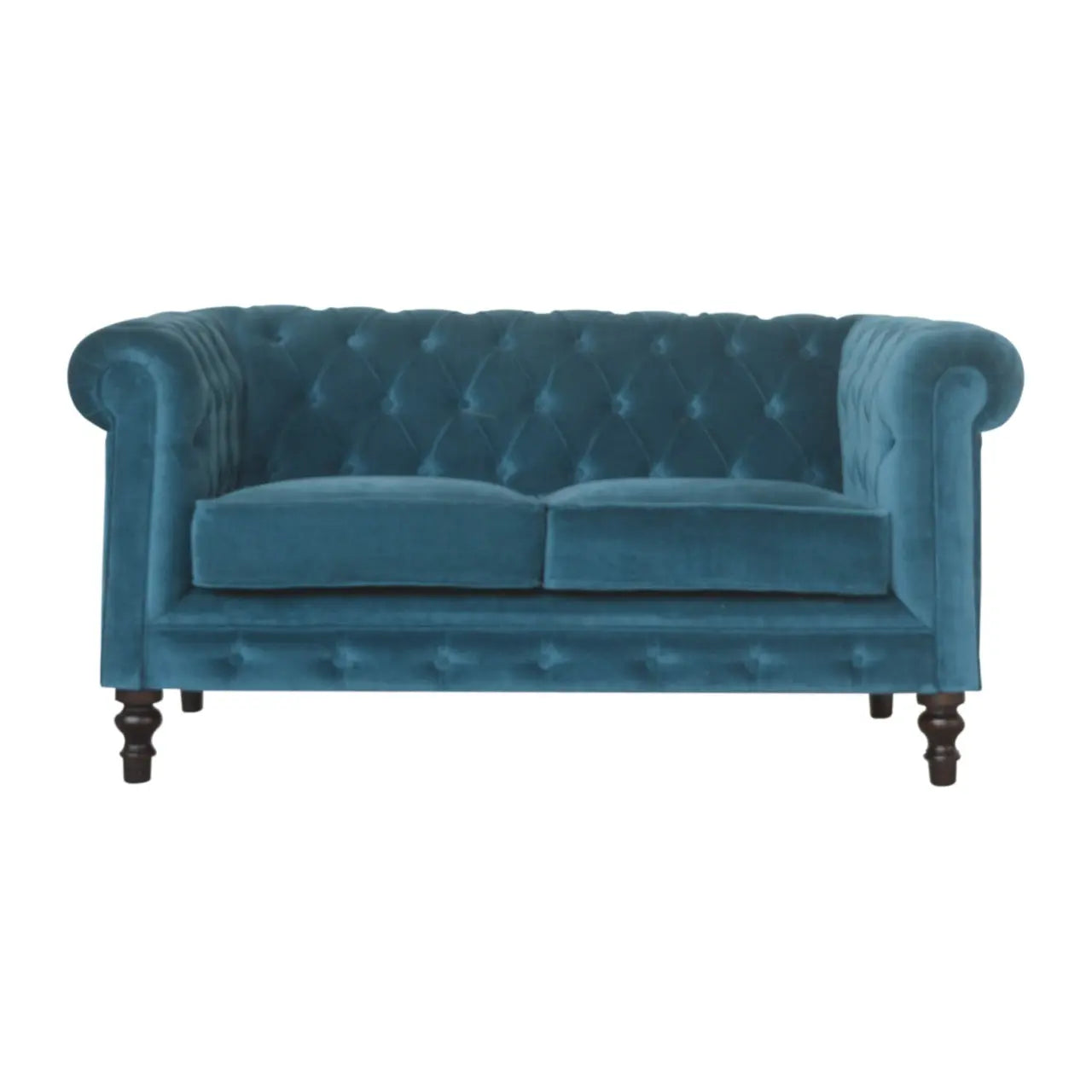 Teal velvet Chesterfield sofa crafted from solid mango wood with walnut legs