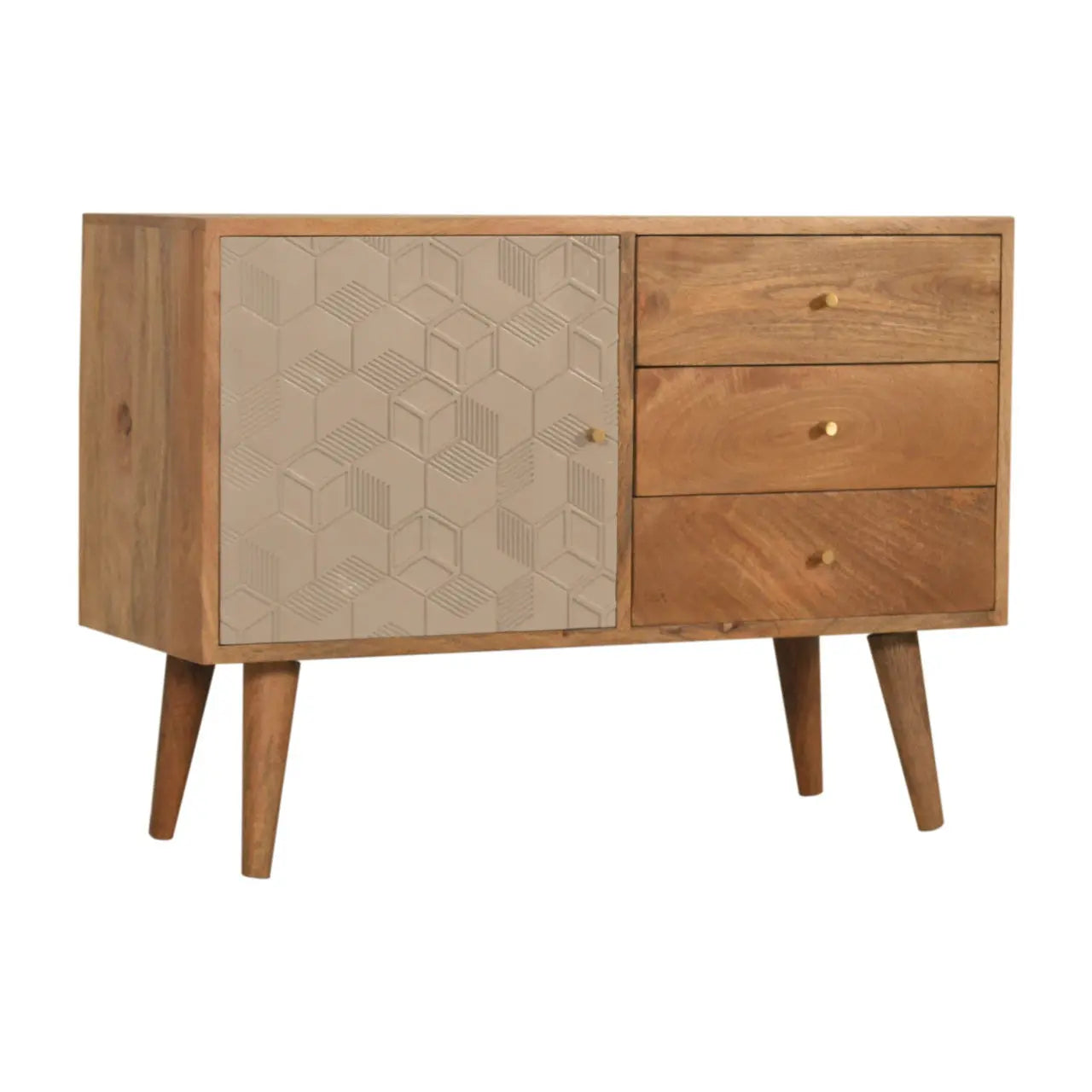 solid mango wood sideboard with carved cube pattern and nordic legs