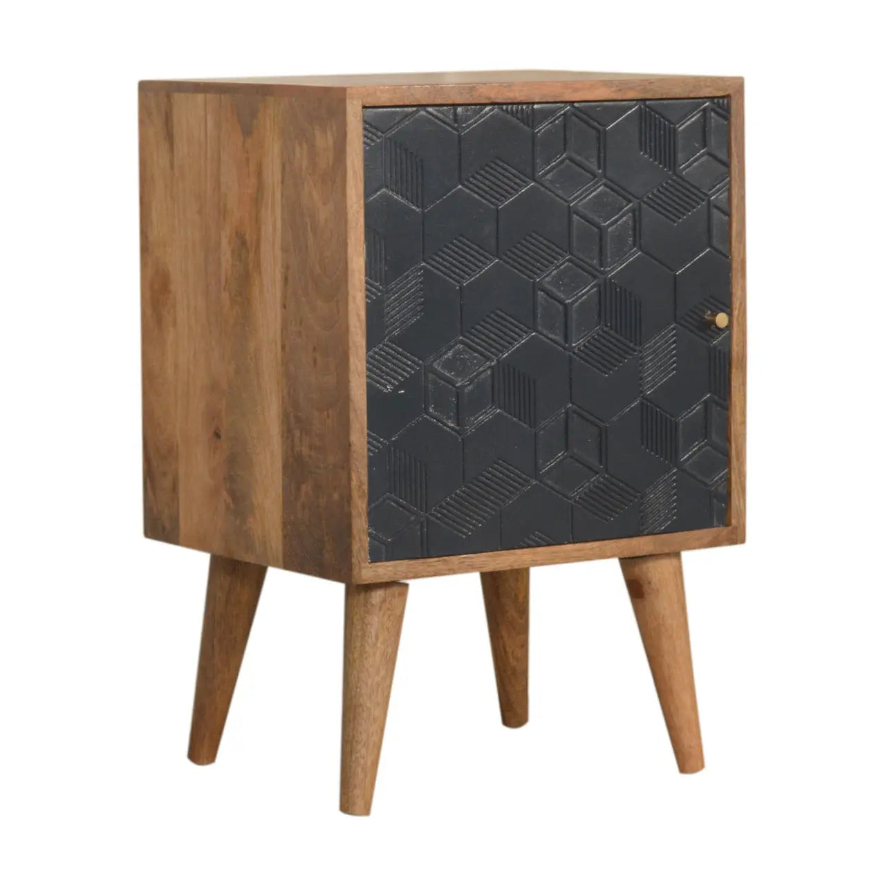 modern black bedside table with brass knobs