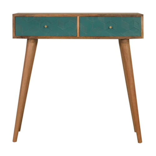 acadia teal console table crafted from solid mango wood