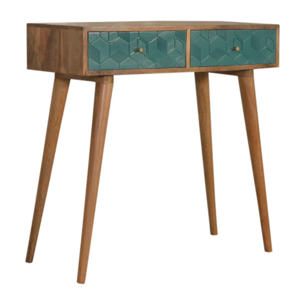 Acadia Teal Console Table | Hand-Carved Cube Design - Avivra