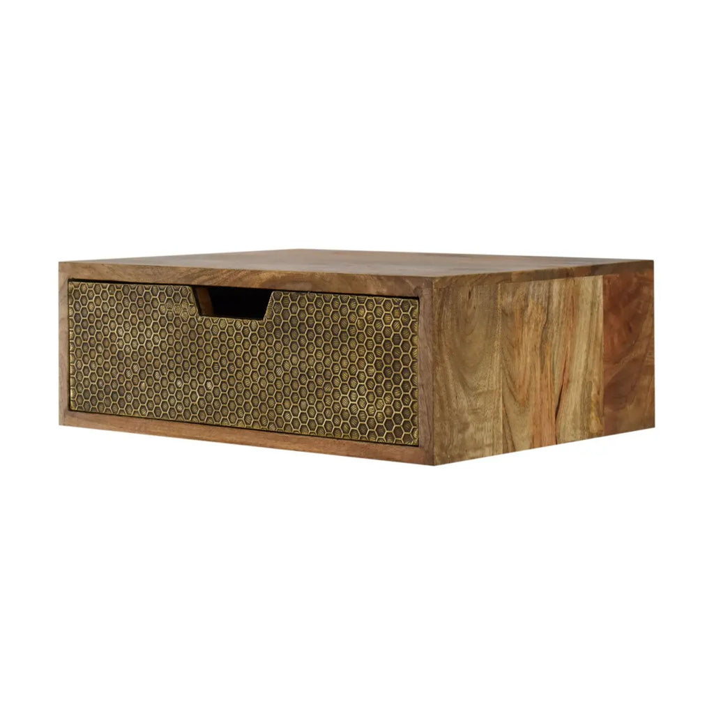 wall mounted mango wood nightstand with brass honeycomb drawer