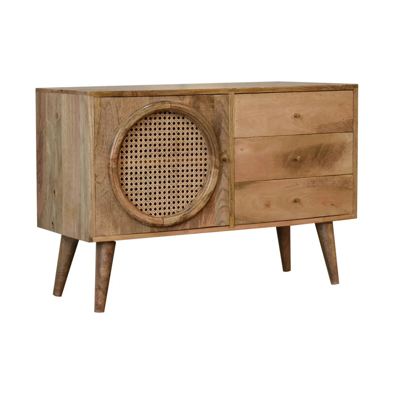 solid mango wood sideboard with rattan panels and nordic legs