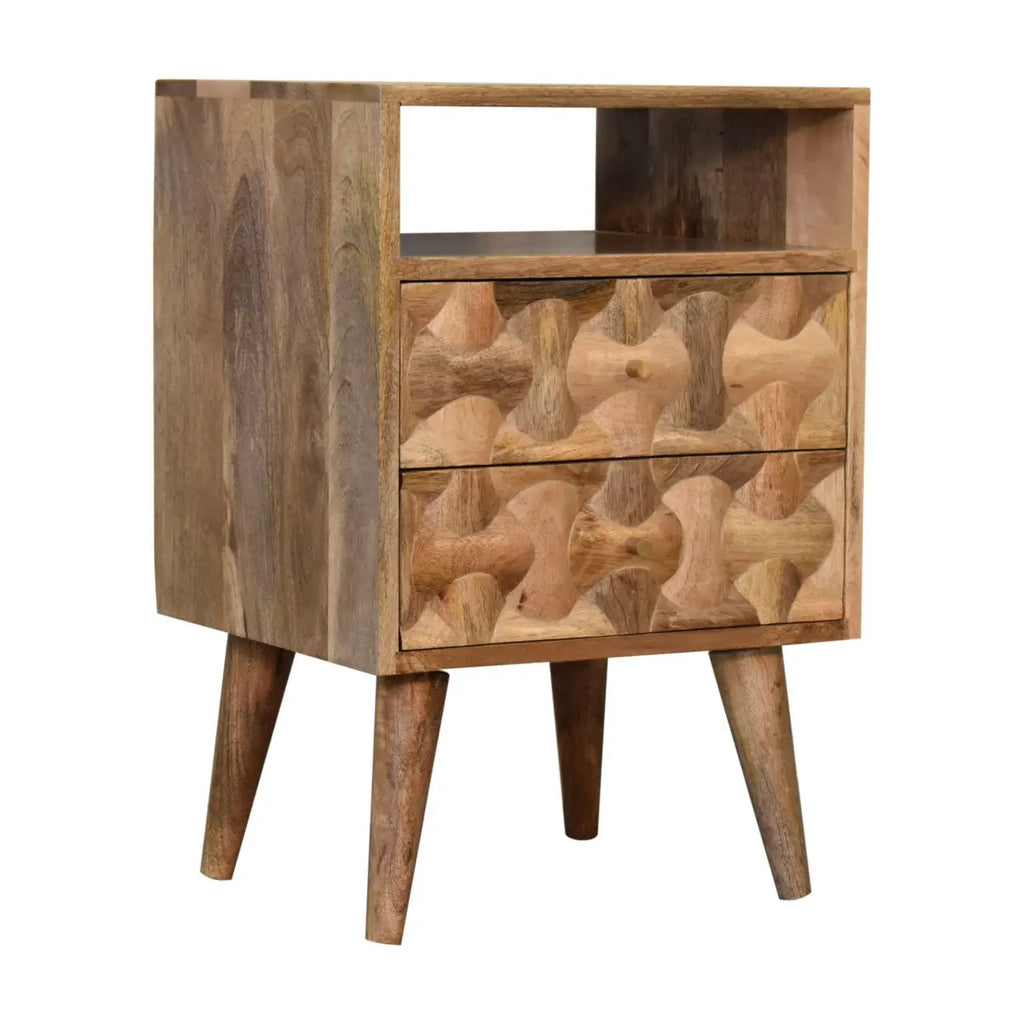 oak finish bedside table with two drawers and open shelf