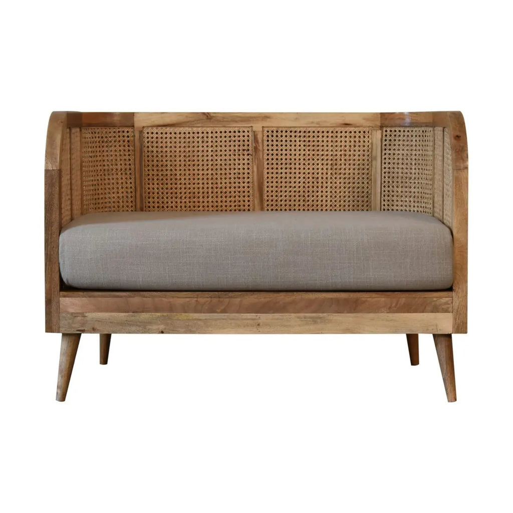 Mud linen two seater sofa crafted from solid mango wood with patterned back design