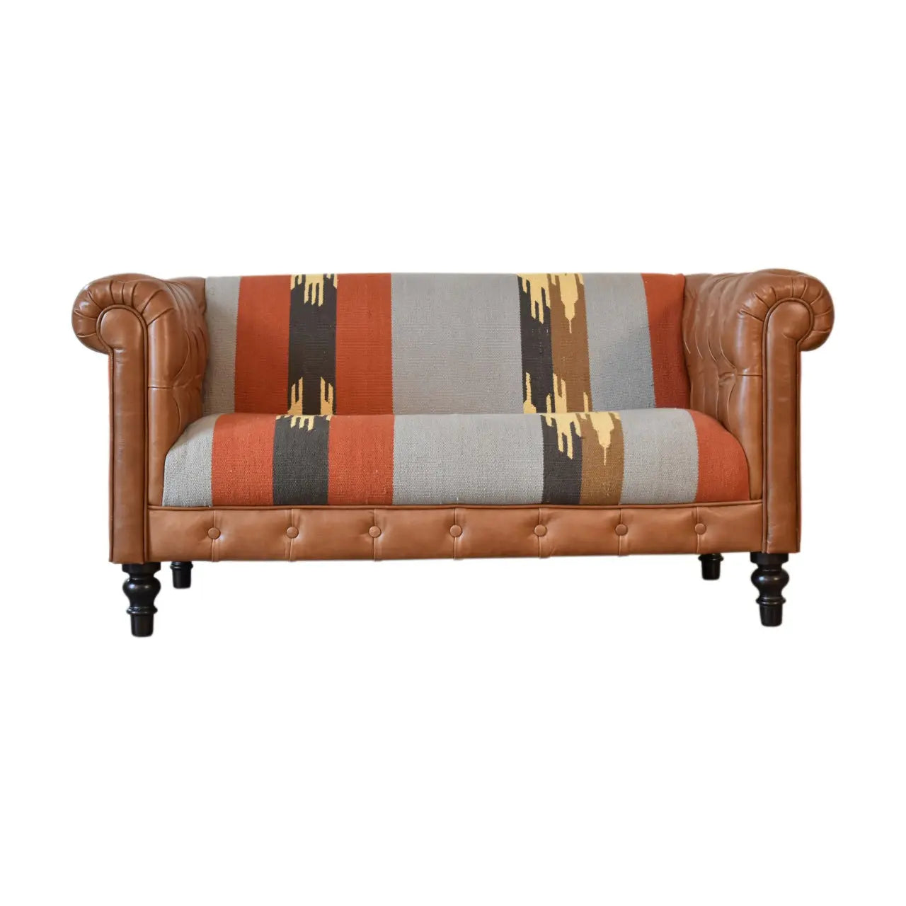 Mixed leather and durrie print sofa crafted from solid mango wood with walnut legs