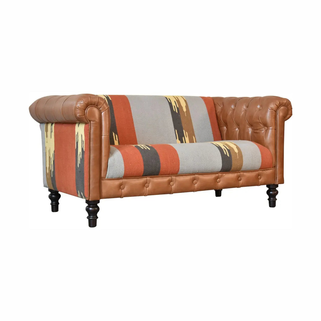 Mixed Leather & Durrie Print Sofa - Avivra