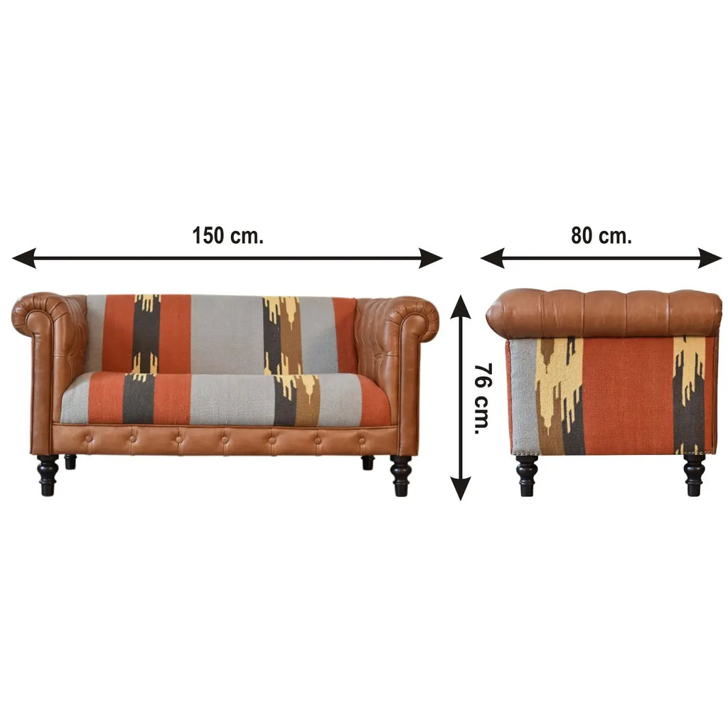 Mixed Leather & Durrie Print Sofa - Avivra