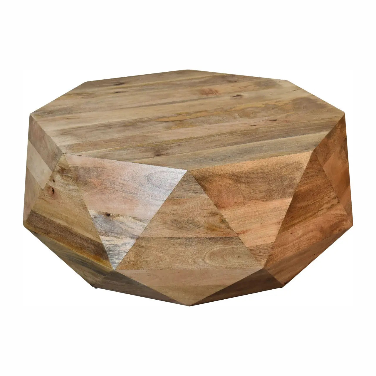 modern round mango wood coffee table with geometric base
