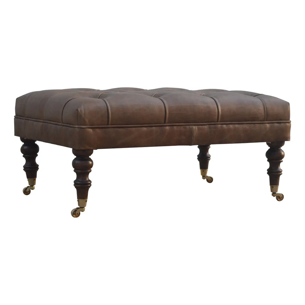 Buffalo Brown Leather Ottoman With Castor Legs - Avivra