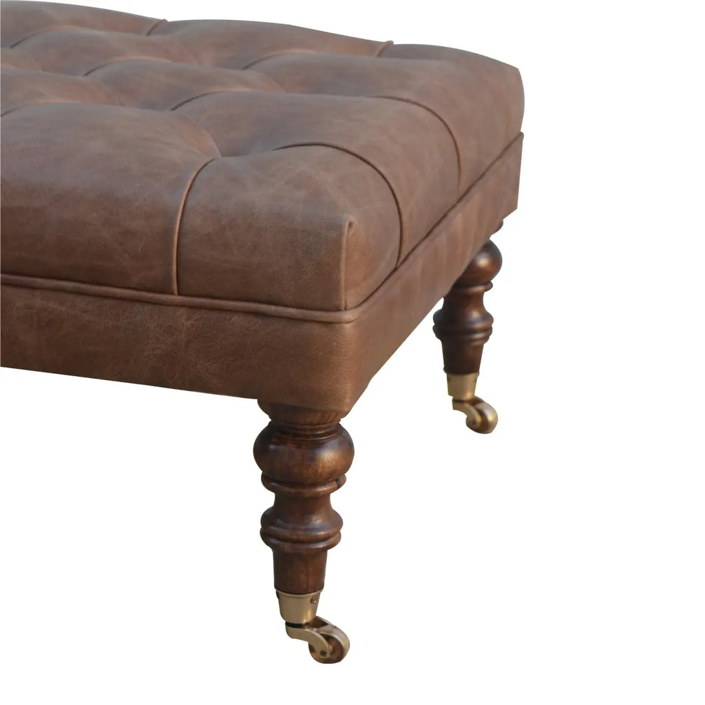 Buffalo Brown Leather Ottoman With Castor Legs - Avivra