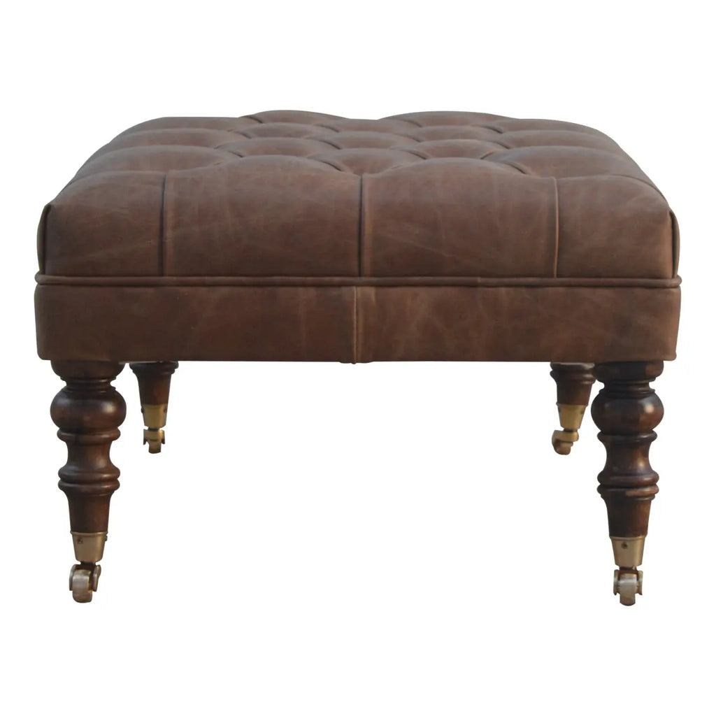 Buffalo Brown Leather Ottoman With Castor Legs - Avivra