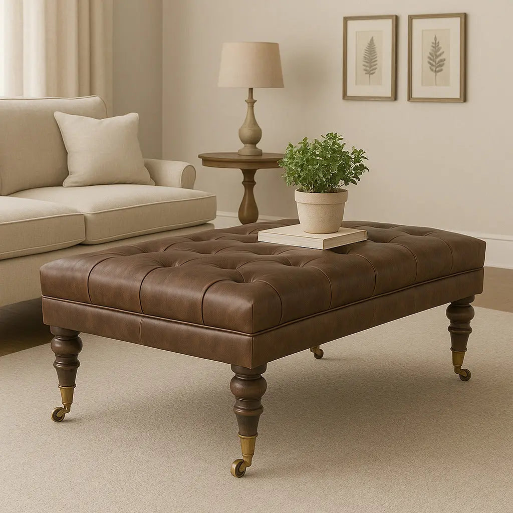 Buffalo Brown Leather Ottoman With Castor Legs - Avivra