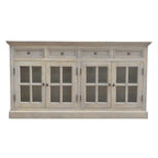 Large wooden cabinet with glass doors and drawers on a white background