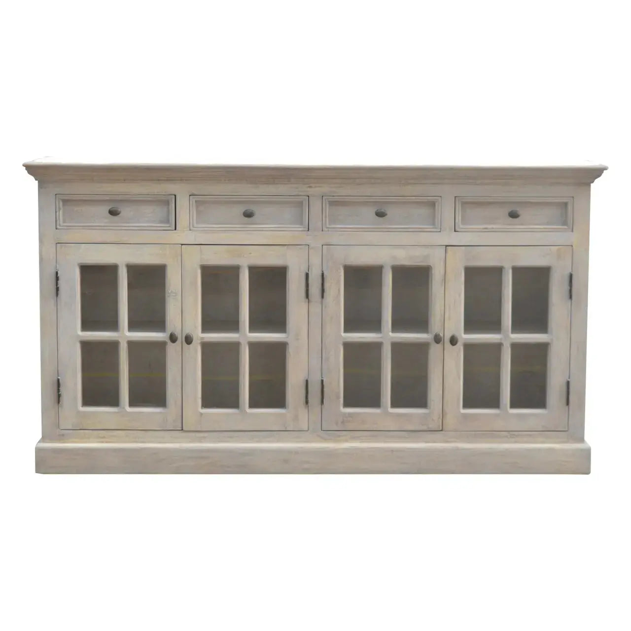 Large wooden cabinet with glass doors and drawers on a white background