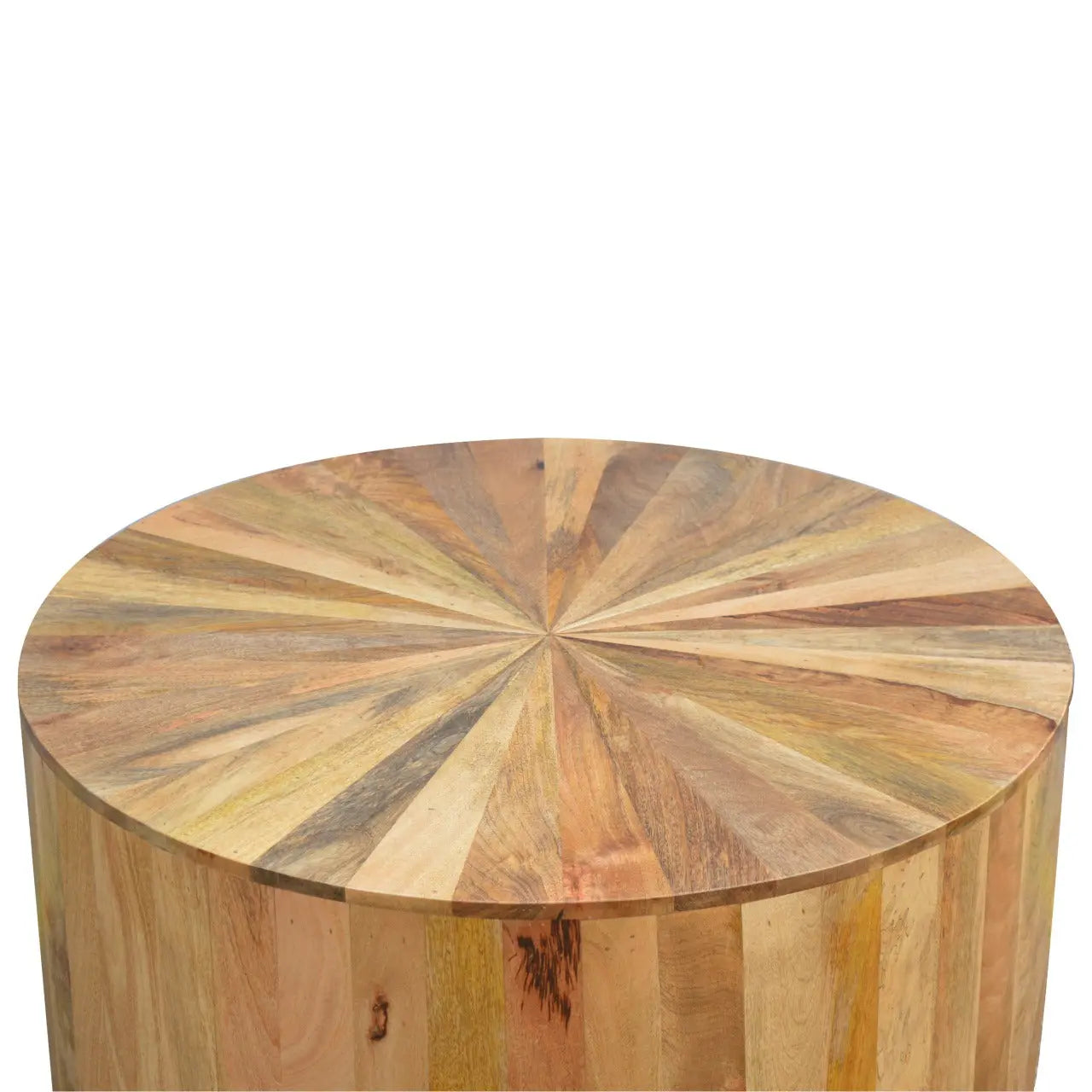 Round wooden table with a multicolored radial pattern on a white background