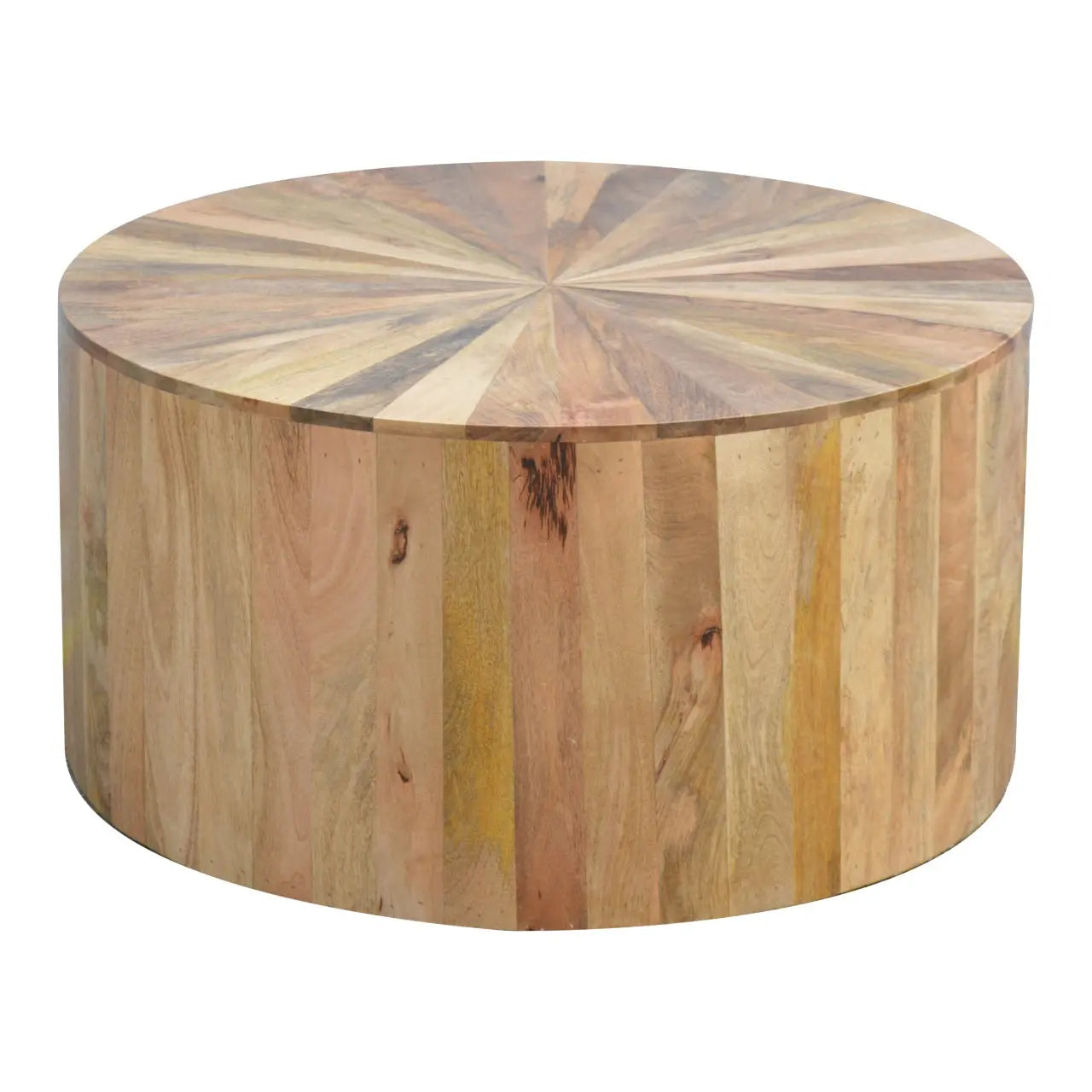 Round wooden table with multicolored pattern on a white background