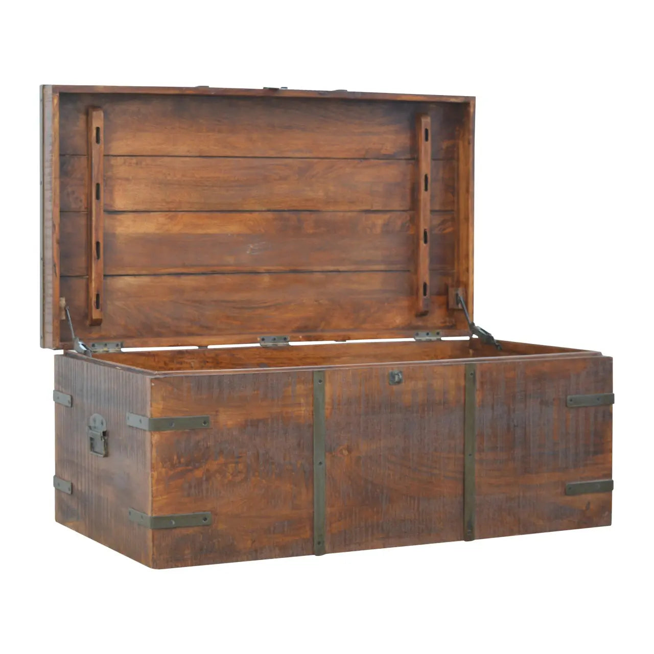 industrial style mango wood storage box with iron detailing