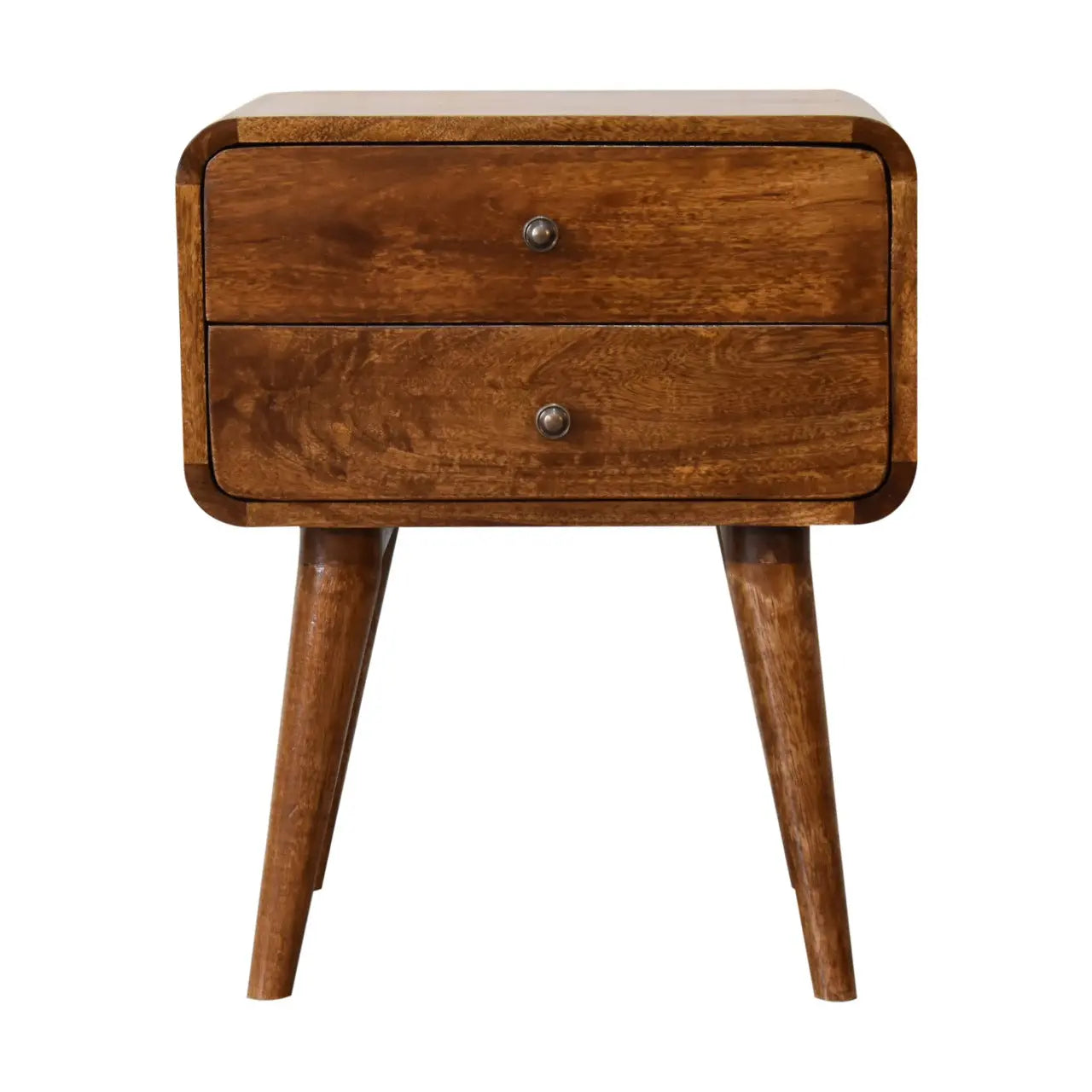Curved chestnut nightstand crafted from solid mango wood with two drawers