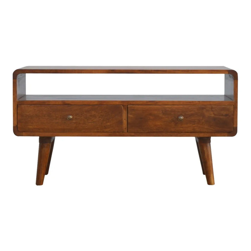 Curved chestnut media unit crafted from solid mango wood