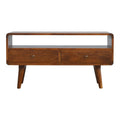 Curved chestnut media unit crafted from solid mango wood
