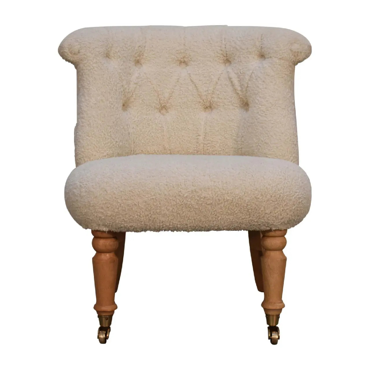 Bouclé accent chair with hand-carved solid mango wood frame