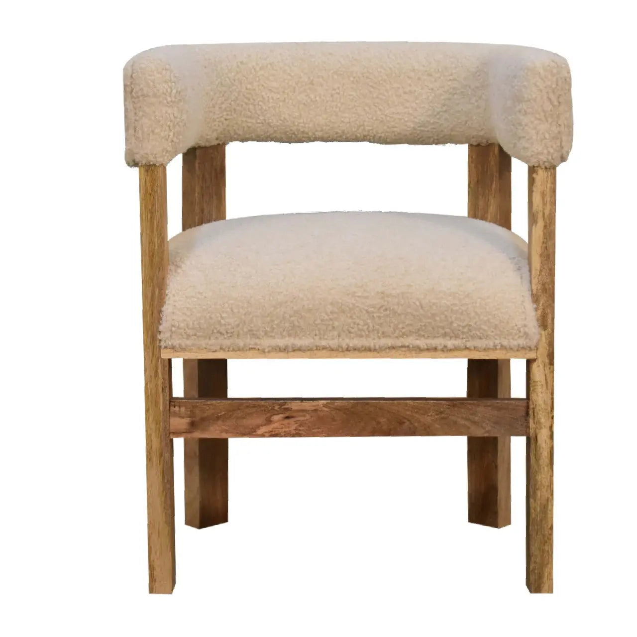 Bouclé upholstered accent chair crafted from solid mango wood with oak finish legs