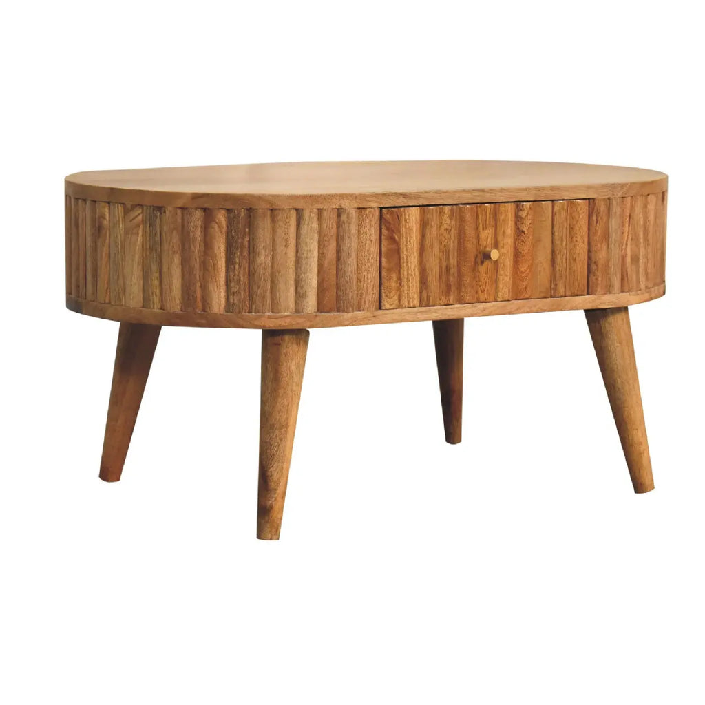 Wooden side table with a single drawer on a white background
