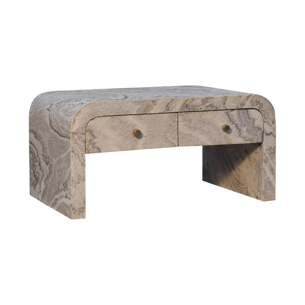 Marble-patterned coffee table with two drawers on a white background