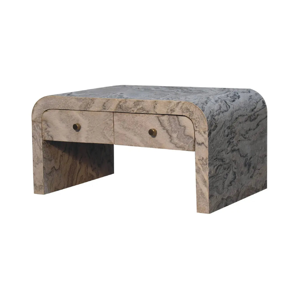 Marble-patterned coffee table with two drawers on a white background