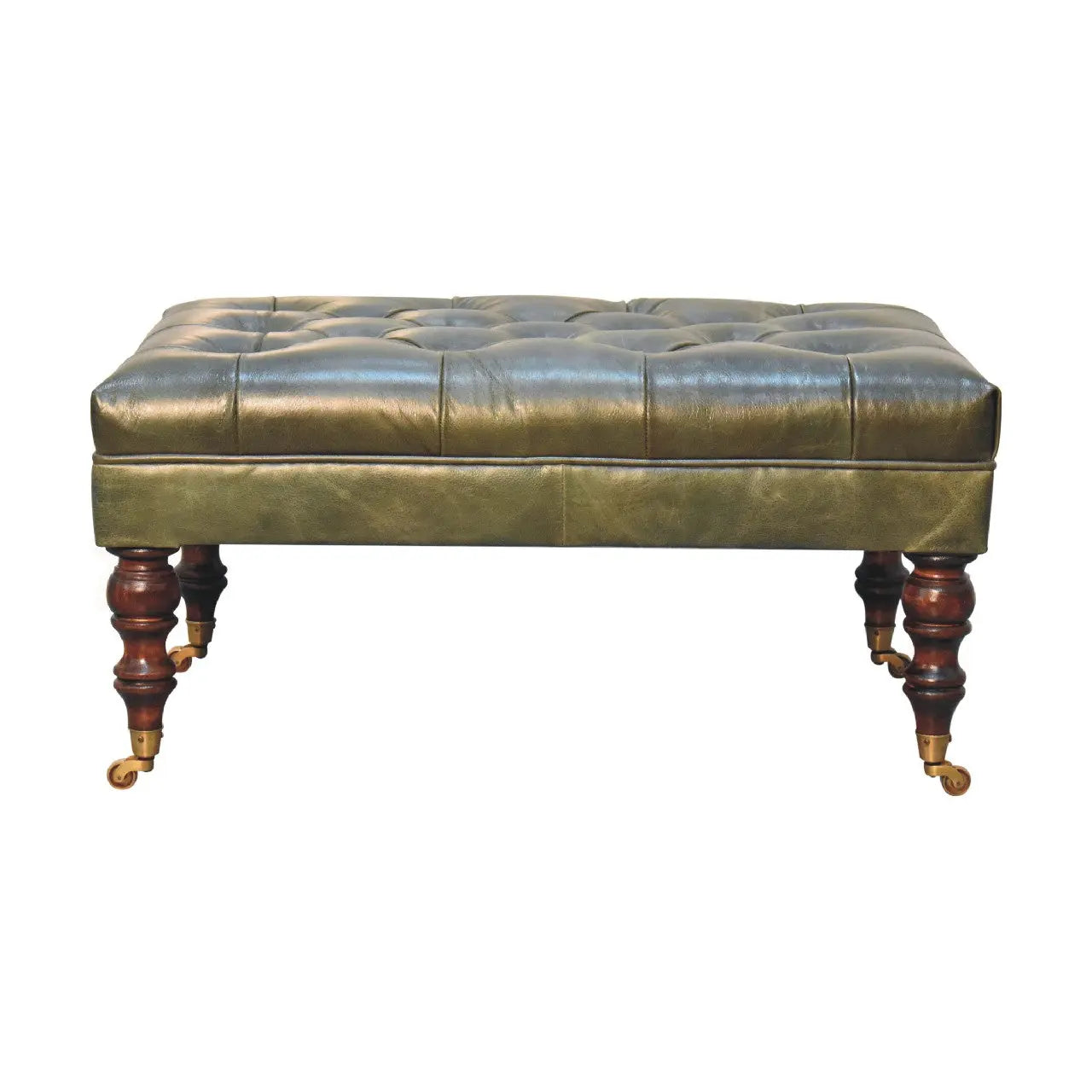 Buffalo Green Leather Ottoman With Castor Legs - Avivra