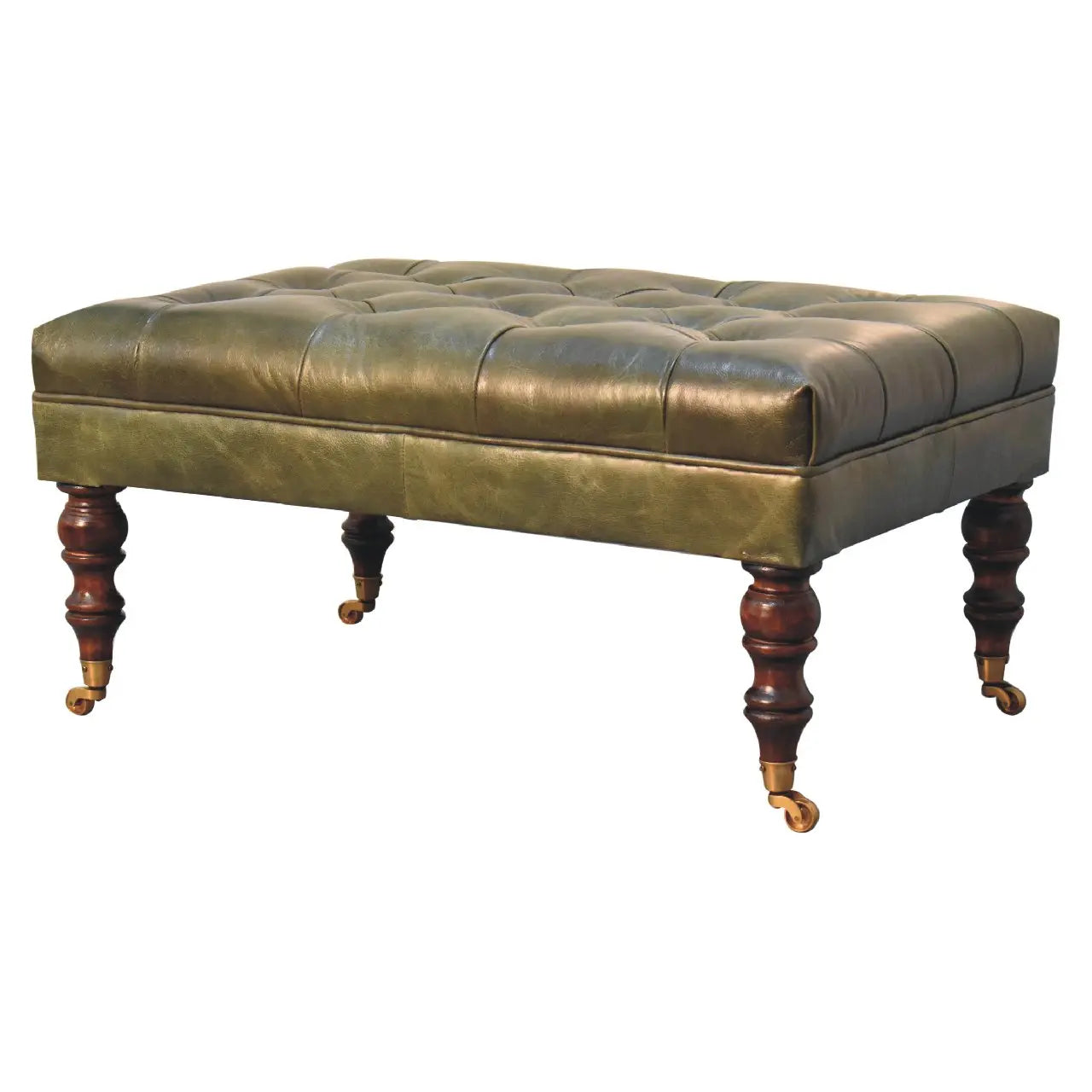Buffalo Green Leather Ottoman With Castor Legs - Avivra